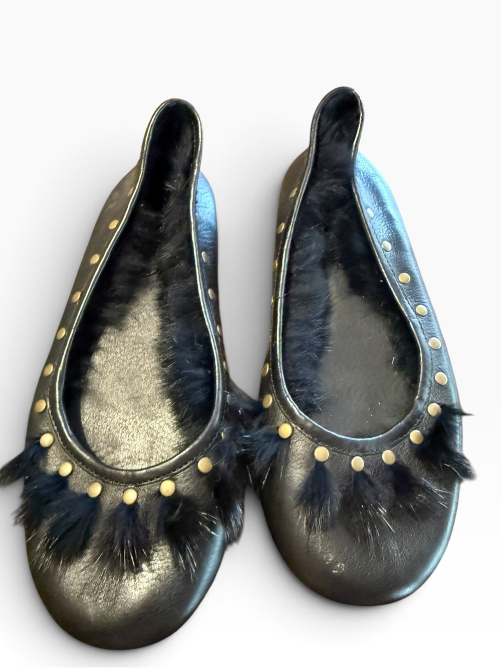 ASH Black Leather Fur Trim Studded Ballet Flats Shoes EU 37 Italy Designer SZ 7